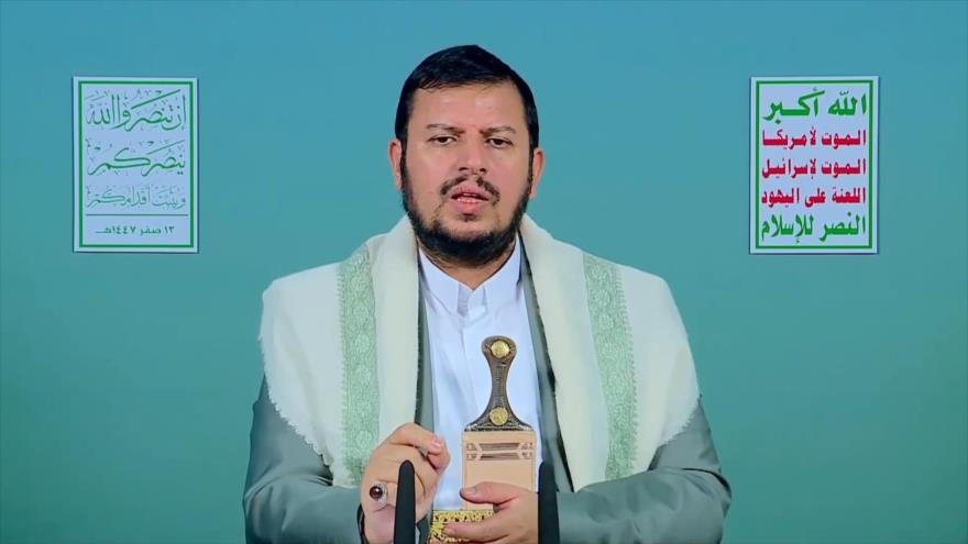 El líder del movimiento popular yemení Ansarolá, Seyed Abdulmalik Badreddin al-Houthi, ofrece discurso, 7 de agosto de 2025.