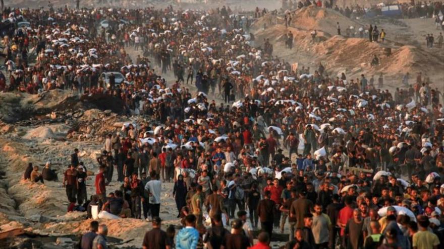 Palestinos transportando sacos de harina caminan por la calle al-Rashid, en el oeste de Yabalia, Franja de Gaza, el 17 de junio de 2025. (Foto: AFP)