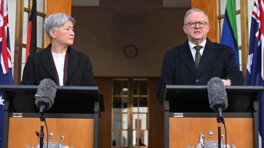 El premier de Australia, Anthony Albanese, y la ministra de exteriores Penny Wong, anuncian el plan de reconocer el Estado palestino, 11 de agosto de 2025.