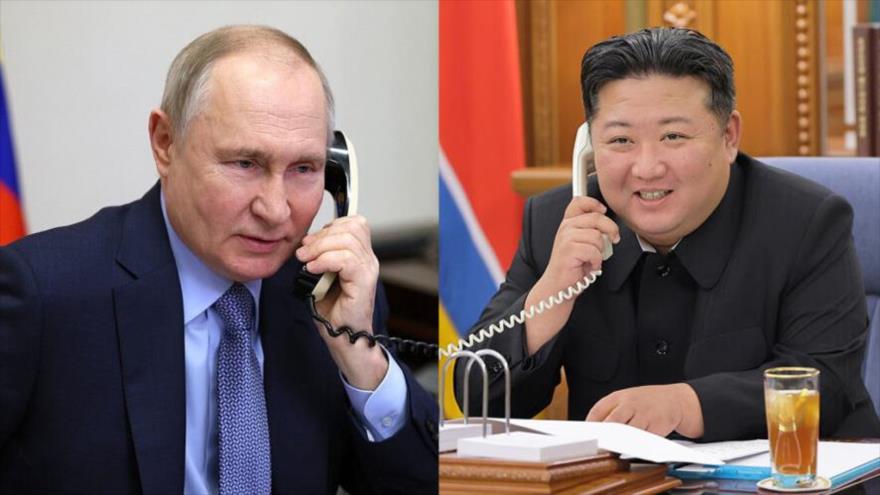 El presidente de Rusia, Vladímir Putin, (Izda.), y el líder de Corea del Norte, Kim Jong-un, hablan con teléfono. 