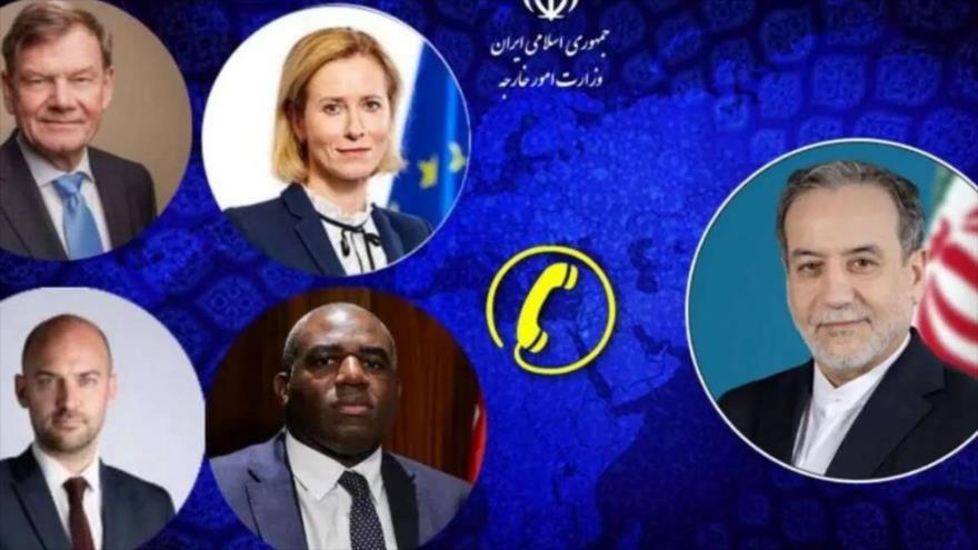 Ministro iraní de Exteriores, Seyed Abás Araqchi (dcha.), y sus homólogos británico, alemán y francés, y el responsable de política exterior de la UE.