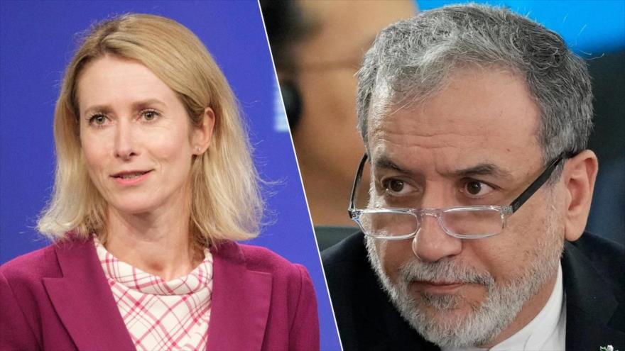 El ministro iraní de Asuntos Exteriores, Seyed Abás Araqchi (drcha.), y la jefa de Política Exterior de la Unión Europea, Kaja Kallas. (Foto: X)