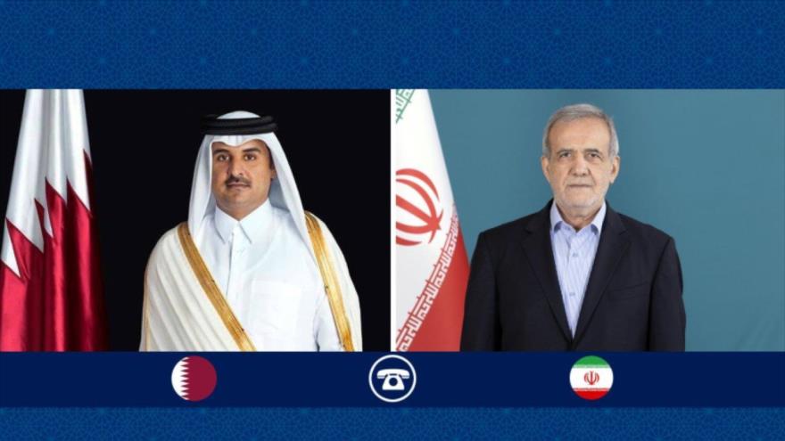 El presidente de Irán, Masud Pezeshkian (dcha.), y el emir de Catar, el sheij Tamim bin Hamad al-Thani.