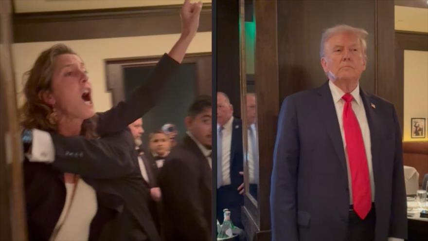 Una mujer protesta contra genocidio israelí en Gaza durante presencia del presidente de EE.UU., Donald Trump, en un restaurante, 9 de agosto de 2025.