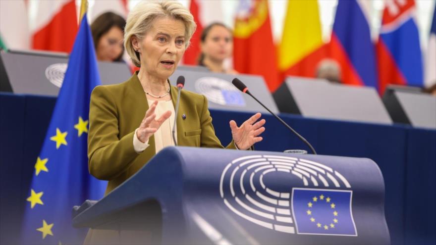 La presidenta de la Comisión Europea (CE), Ursula von der Leyen, durante el discurso sobre el estado de la Unión, 10 septiembre 2025.