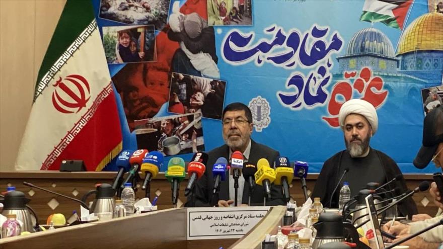 El presidente del Comité de Intifada y del Día Mundial de Al-Quds, en rueda de prensa del segundo aniversario de Tormenta de Al-Aqsa, 14 de septiembre de 2025.