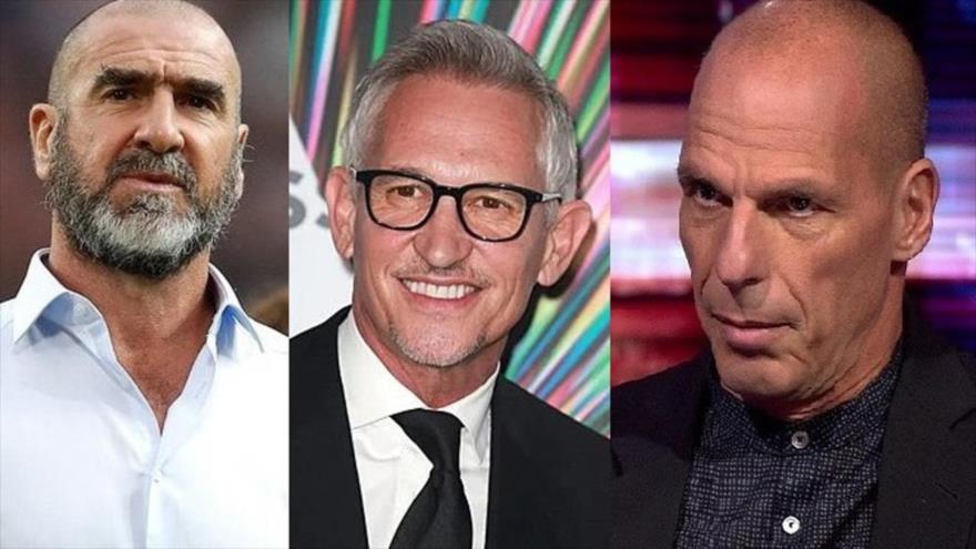 El exfutbolista francés, Eric Cantona,(Izda.), el exjugador y comentarista inglés, Gary Lineker y el exministro de finanzas griego, Yanis Varoufakis(Dcha.).