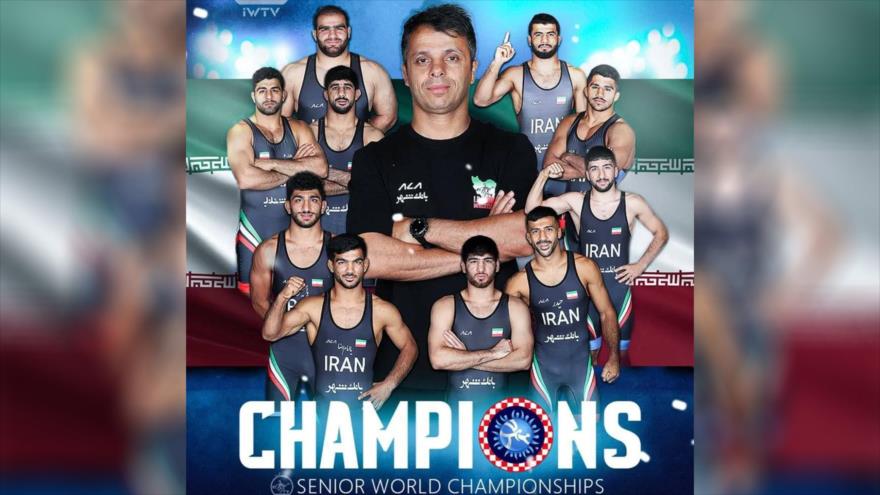 Cartel de la Federación Mundial de Lucha Libre con el pretexto de que el equipo nacional iraní de lucha grecorromana ganó el campeonato mundial.