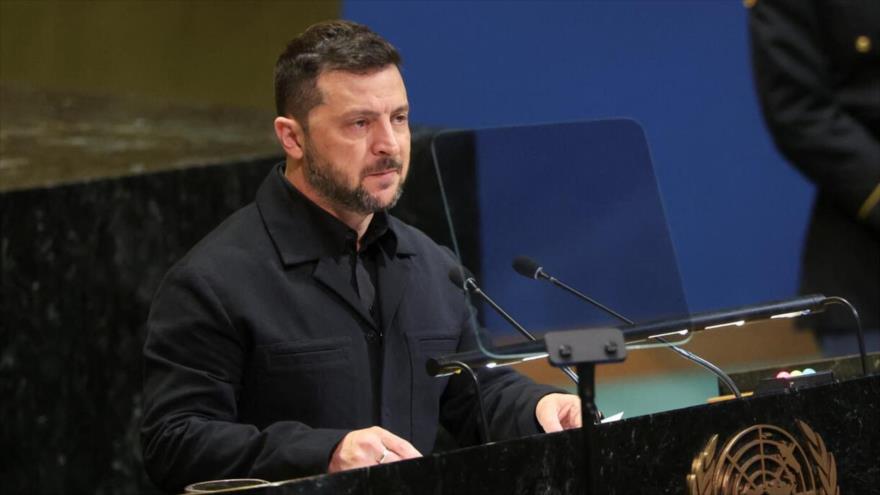 El presidente de Ucrania, Volodímir Zelenski, se dirige a la 80.ª Asamblea General de las Naciones Unidas, 24 de septiembre de 2025.