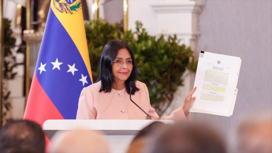 Vicepresidenta ejecutiva de Venezuela, Delcy Rodríguez, en el encuentro del Consejo Nacional por la Soberanía y la Paz, en Caracas, 29 de septiembre de 2025.