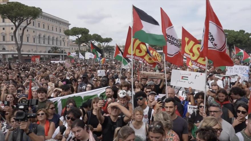 Multitudinarias movilizaciones por Palestina en Italia, 4 de octubre de 2025.