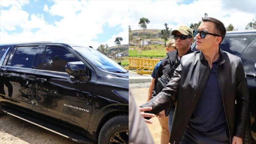Manifestantes lanzan piedras a caravana presidencial de Daniel Noboa en Cañar, sur de Ecuador, 7 de octubre de 2025. (Foto: X)