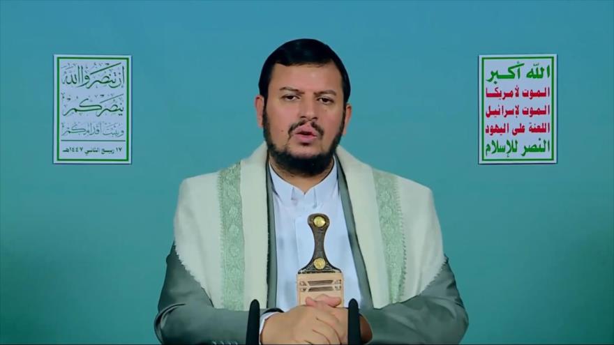 El líder del movimiento popular yemení Ansarolá, Seyed Abdulmalik Badreddin al-Houthi, ofrece un discurso, 9 de octubre de 2025.