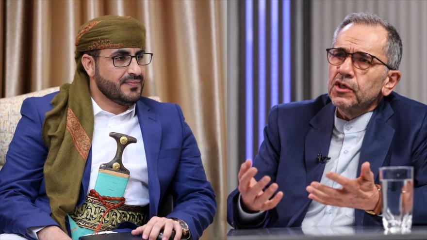 La foto combinada del vicecanciller iraní, Mayid Tajt Ravanchi (dcha.), y el portavoz del movimiento popular yemení Ansarolá, Mohamad Abdel Salam.