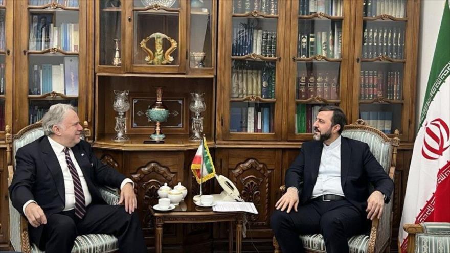 El vicecanciller iraní, Kazem Qaribabadi (dcha.), y George Katrougalos, experto independiente de la ONU, se reúnen en Teherán, 15 de noviembre de 2025.