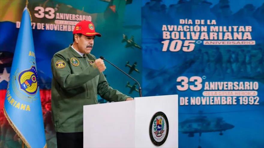 El presidente de Venezuela, Nicolás Maduro, en un acto por el 105 aniversario de la Aviación Militar Bolivariana, 27 de noviembre de 2025.