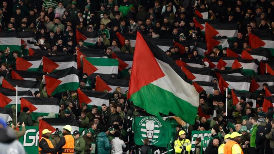 Los aficionados del Celtic ondean banderas palestinas durante un partido de la Liga de Campeones contra el Brujas, 27 de noviembre de 2024. (Foto: Reuters)