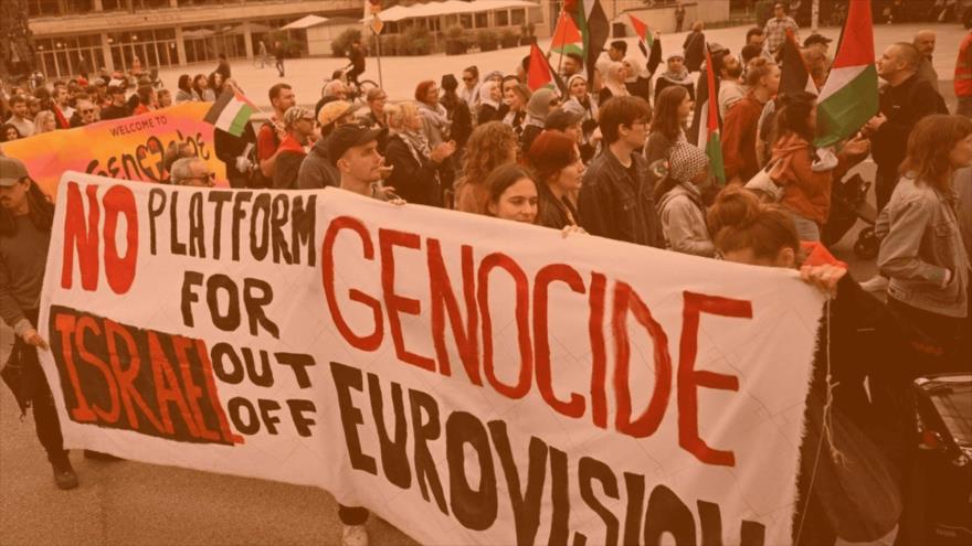 Los manifestantes por Palestina exigen expulsión de Israel de Eurovisión. 
