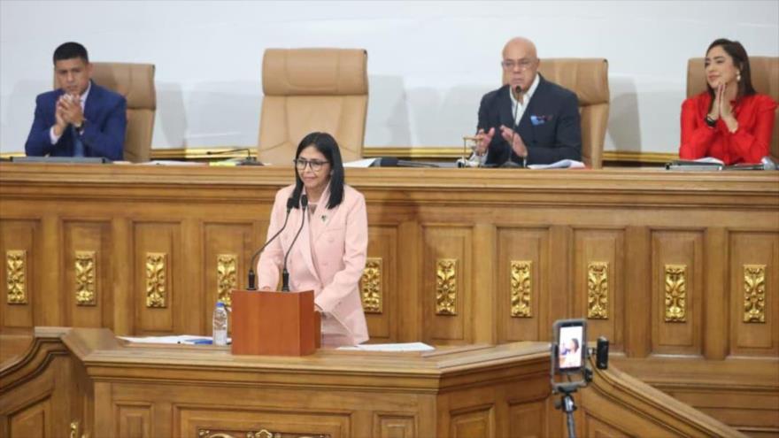 La vicepresidenta ejecutiva de Venezuela, Delcy Rodríguez, durante su intervención en la Asamblea Nacional, 4 de diciembre de 2025.