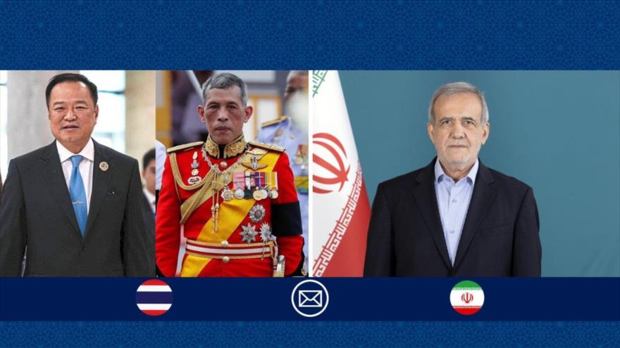 La foto combinada muestra al presidente de Irán, Masud Pezeshkian (dcha.), y al Rey y al primer ministro de Tailandia.