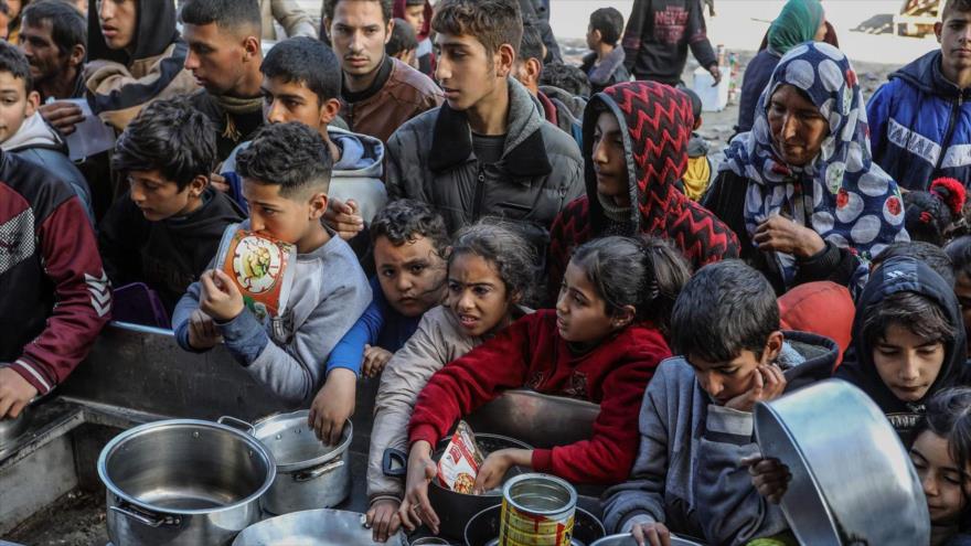 Niños palestinos se reúnen para recibir comida de un comedor benéfico. 