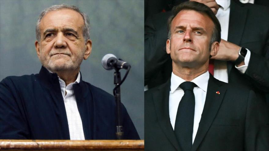 Una imagen combinada del presidente de Irán, Masud Pezeshkian (izda.) y su par francés, Emanuel Macron. 